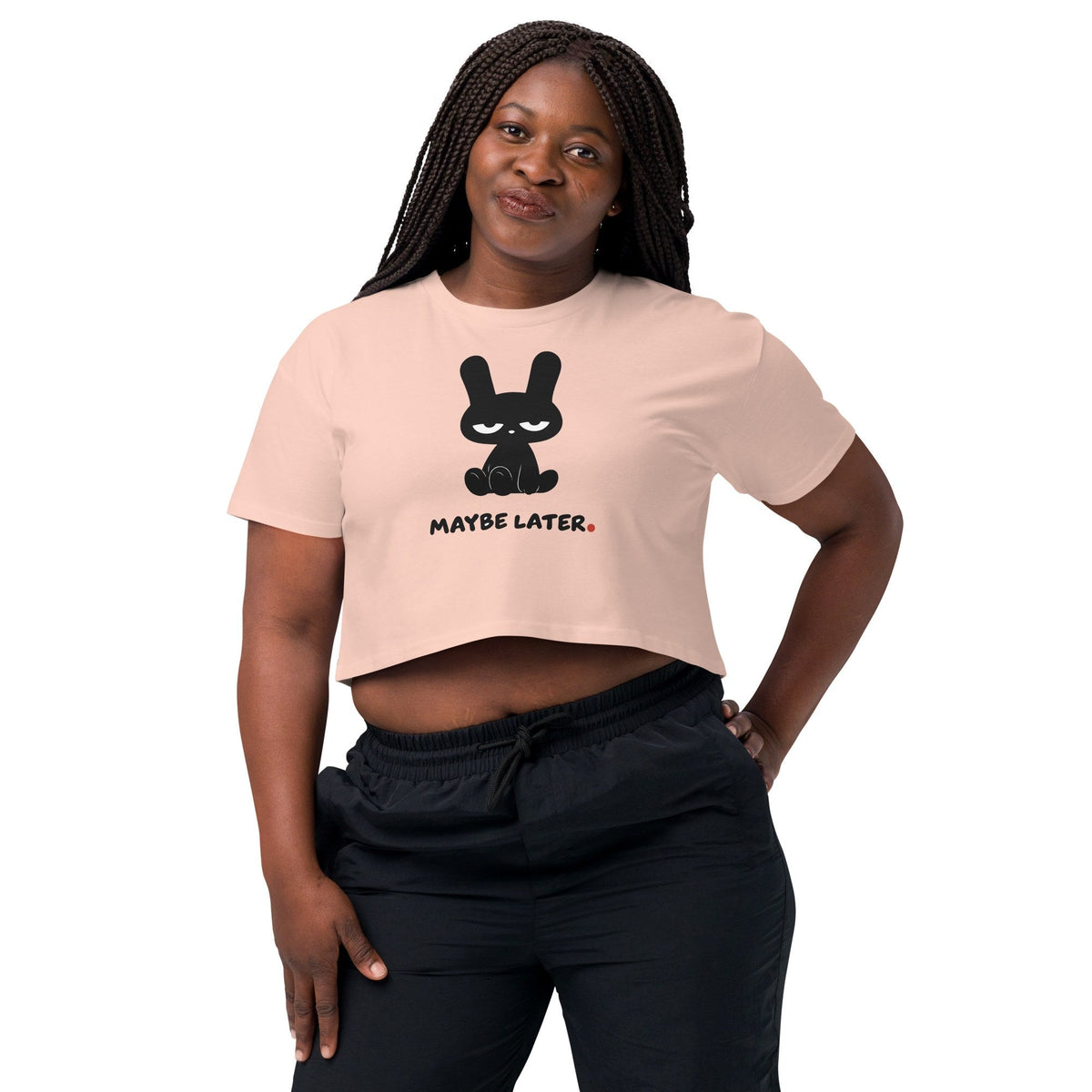MAYBE LATER. Crop Tee, Pale Pink, worn, front