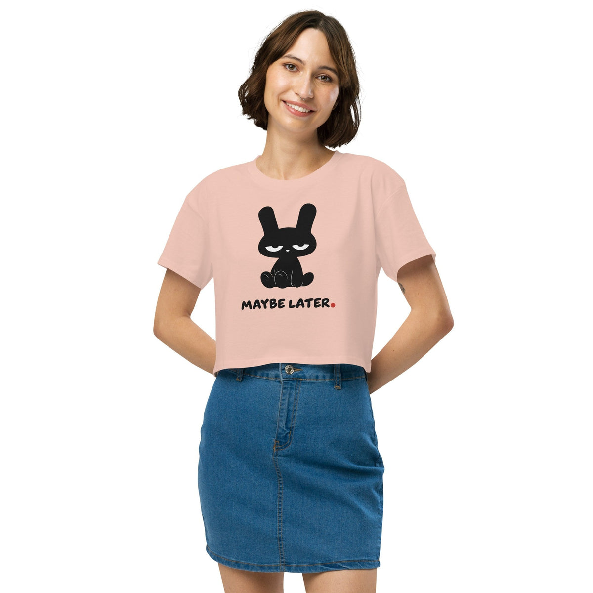 MAYBE LATER. Crop Tee, Pale Pink, worn, front